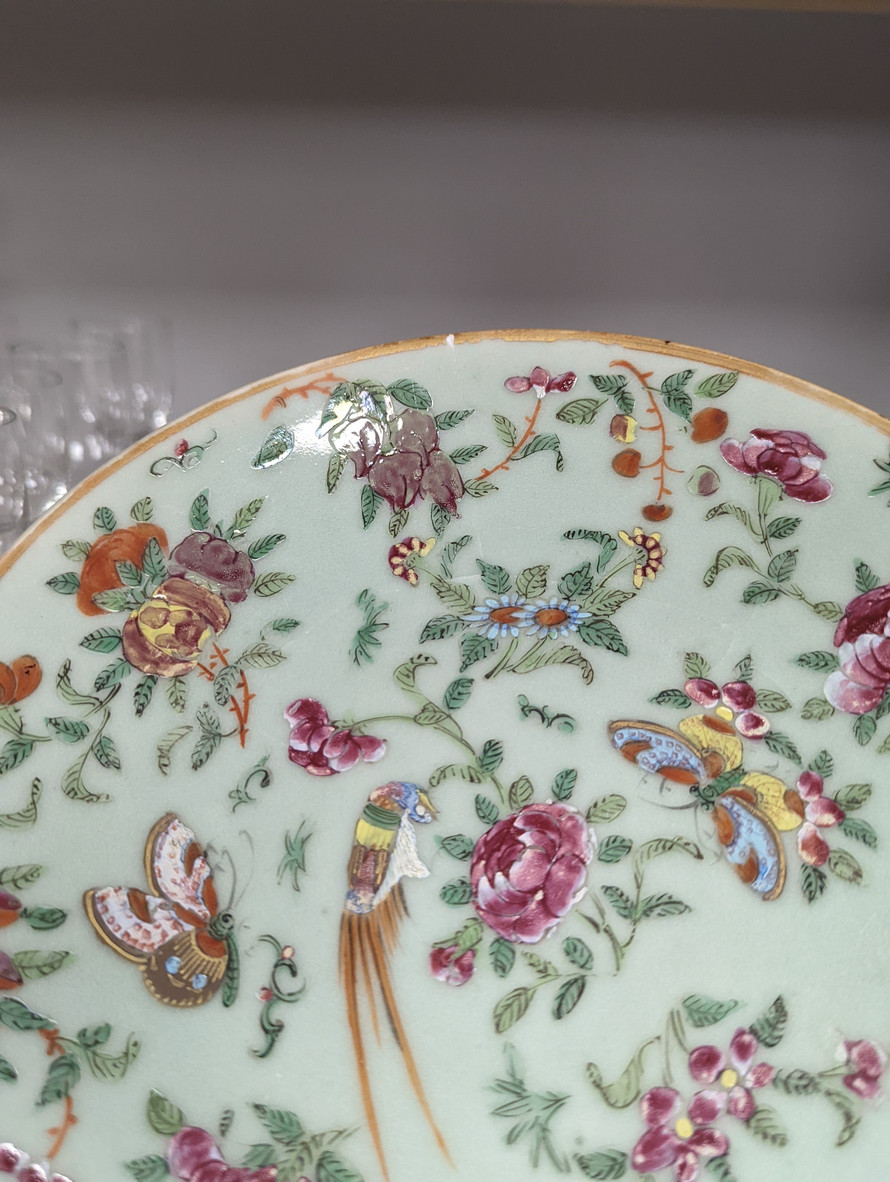 Eleven Chinese celadon ground famille rose plates, mid 19th century 22cm
